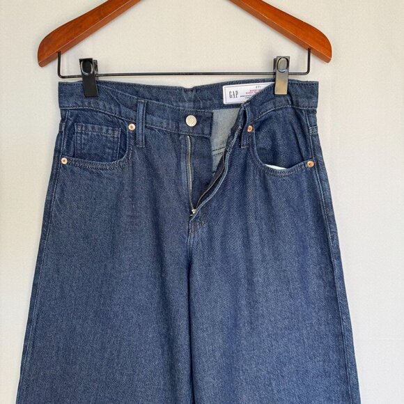 Gap Mid Rise UltraSoft Baggy Rinsed Dark Blue Denim Wide Leg Jeans Size 27 Long - Picture 8 of 12